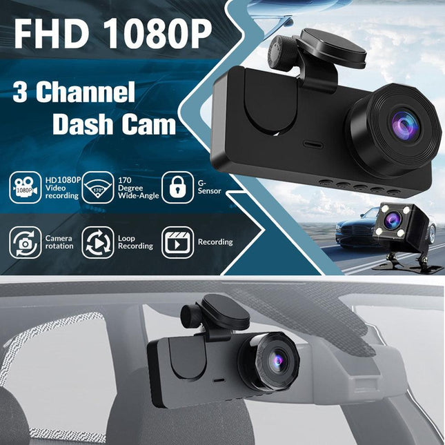 3 Channel Car DVR HD 1080P Vehicle Dash Cam Three Way Camera DVRs Recorder with 32 GB Card.