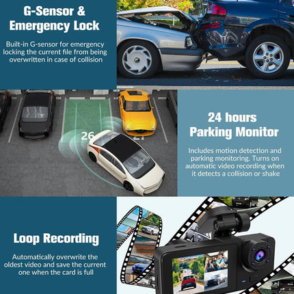 3 Channel Car DVR HD 1080P Vehicle Dash Cam Three Way Camera DVRs Recorder with 32 GB Card.
