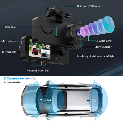 3 Channel Car DVR HD 1080P Vehicle Dash Cam Three Way Camera DVRs Recorder with 32 GB Card.