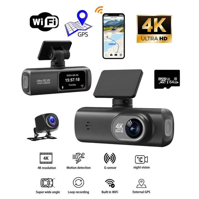 4K Front and Rear Dual Dash Cam WiFi GPS Car Camera with 64GB SD Card.