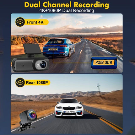 4K Front and Rear Dual Dash Cam WiFi GPS Car Camera with 64GB SD Card.