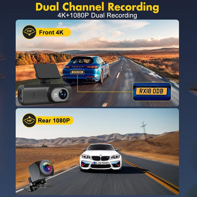 4K Front and Rear Dual Dash Cam WiFi GPS Car Camera with 64GB SD Card.