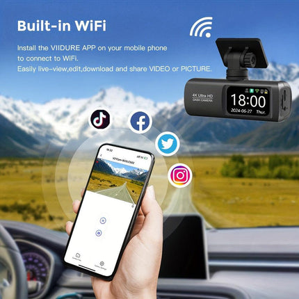 4K Front and Rear Dual Dash Cam WiFi GPS Car Camera with 64GB SD Card.