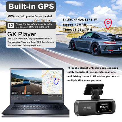 4K Front and Rear Dual Dash Cam WiFi GPS Car Camera with 64GB SD Card.