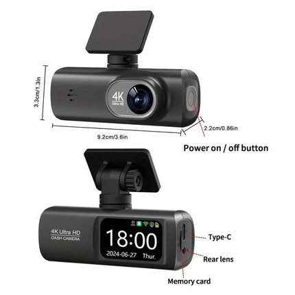 4K Front and Rear Dual Dash Cam WiFi GPS Car Camera with 64GB SD Card.
