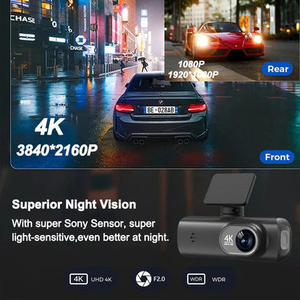 4K Front and Rear Dual Dash Cam WiFi GPS Car Camera with 64GB SD Card.