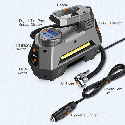 Portable Digital Car Air Compressor Tire Inflator With Emergency Flashlight.