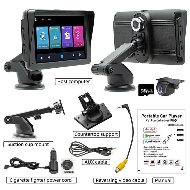7" IPS HD Touch Screen Apple Android Carplay with Dual Dashcam 64G Card.