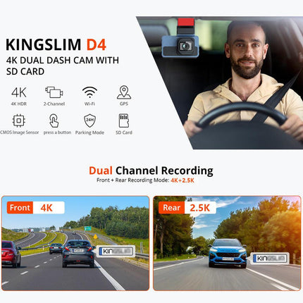 4K+2.5K Dual Dash Cam with WiFi GPS ADAS, Front and Rear Car Camera Recorder with 32GB Card.
