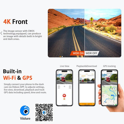 4K+2.5K Dual Dash Cam with WiFi GPS ADAS, Front and Rear Car Camera Recorder with 32GB Card.