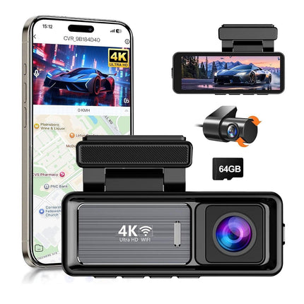 4K Wifi Dash Cam Front, 1080P In-Car Rear Dual Recording with GPS 64GB Card.
