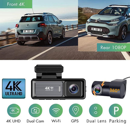 4K Wifi Dash Cam Front, 1080P In-Car Rear Dual Recording with GPS 64GB Card.