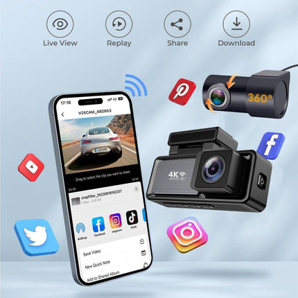 4K Wifi Dash Cam Front, 1080P In-Car Rear Dual Recording with GPS 64GB Card.