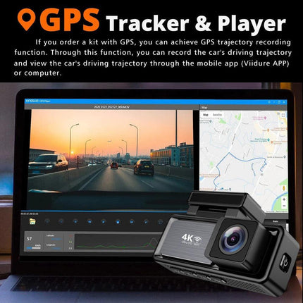 4K Wifi Dash Cam Front, 1080P In-Car Rear Dual Recording with GPS 64GB Card.