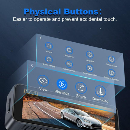 4K Wifi Dash Cam Front, 1080P In-Car Rear Dual Recording with GPS 64GB Card.