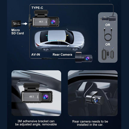 4K Wifi Dash Cam Front, 1080P In-Car Rear Dual Recording with GPS 64GB Card.