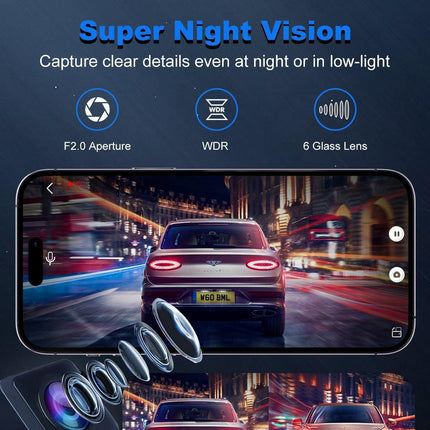 4K Wifi Dash Cam Front, 1080P In-Car Rear Dual Recording with GPS 64GB Card.