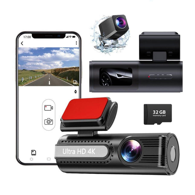 4K WiFi Car Dash Cam Dual Lens Wide Angle IPS Screen Night Vision Recording with 32GB Card.