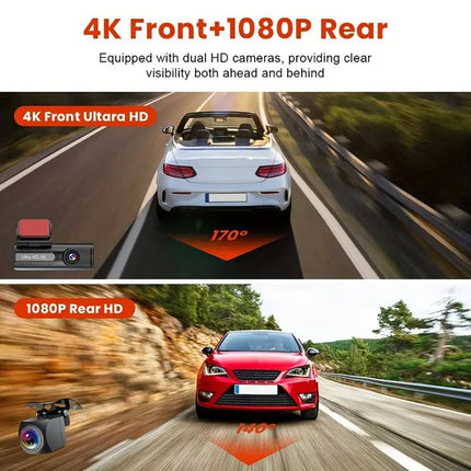 4K WiFi Car Dash Cam Dual Lens Wide Angle IPS Screen Night Vision Recording with 32GB Card.