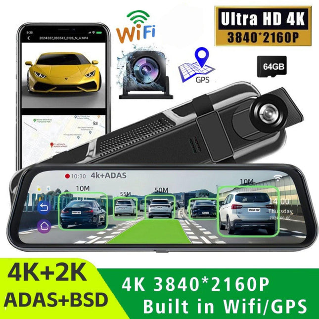 10” 4K Mirror Dash Cam, 2K Rear Camera, WiFi GPS ADAS BSD, Stream Media, 64GB Included.