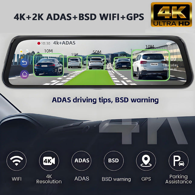 10” 4K Mirror Dash Cam, 2K Rear Camera, WiFi GPS ADAS BSD, Stream Media, 64GB Included.