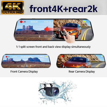 10” 4K Mirror Dash Cam, 2K Rear Camera, WiFi GPS ADAS BSD, Stream Media, 64GB Included.