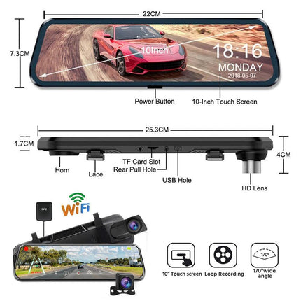 10” 4K Mirror Dash Cam, 2K Rear Camera, WiFi GPS ADAS BSD, Stream Media, 64GB Included.