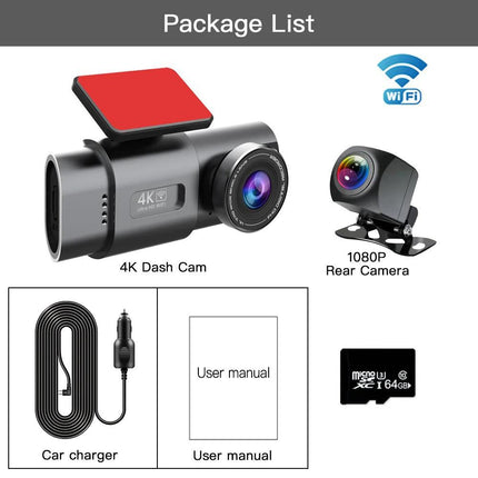 4K Dash Cam UHD 2160P WiFi Front Dashcam Night Vision Car Camera with 64GB Card.