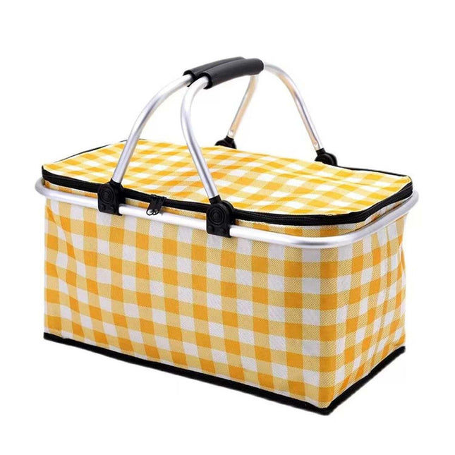 Collapsible Outdoor Camping Portable Insulated Picnic Basket Camping Picnic Ice Pack(Yellow Grid).