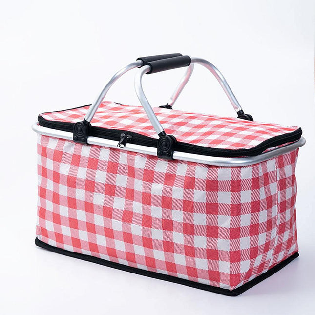 Collapsible Outdoor Camping Portable Insulated Picnic Basket Camping Picnic Ice Pack(Red Grid).