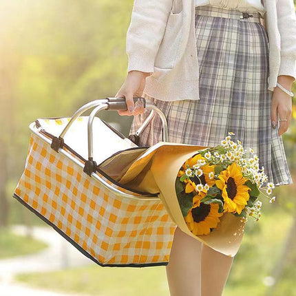 Collapsible Outdoor Camping Portable Insulated Picnic Basket Camping Picnic Ice Pack(Red Grid).