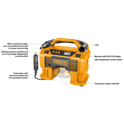 INGCO Air Compressor Car Tyre Deflator Inflator Pump 160PSI Auto Stop & Fittings(no battery and charger).