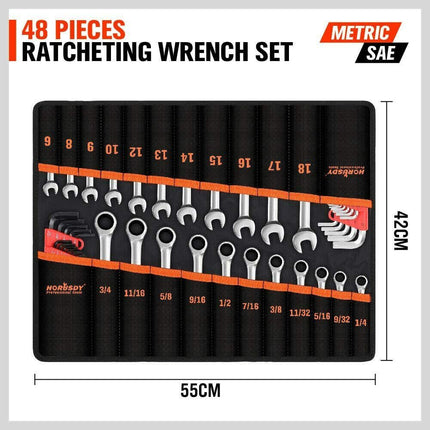 48-Piece Ratchet Wrench Set with Rolling Pouch - Metric SAE Allen Key & Hex Key Spanner Kit.