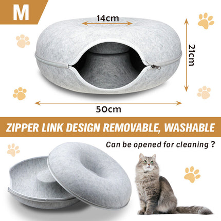Medium Cat Tunnel Bed Light Grey Felt Pet Puppy Nest Cave House Interactive Toy.