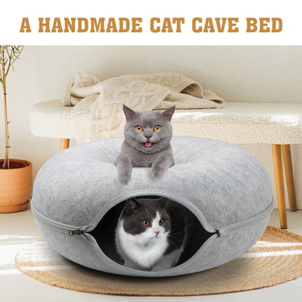 Medium Cat Tunnel Bed Light Grey Felt Pet Puppy Nest Cave House Interactive Toy.