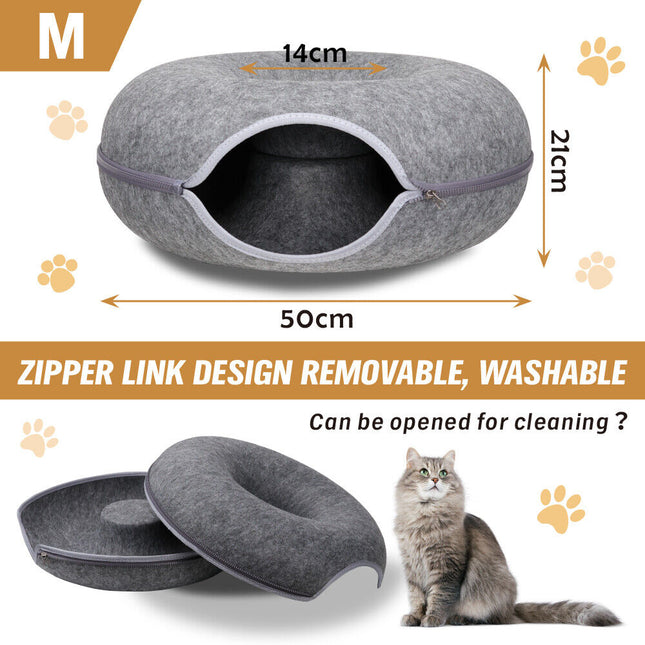 Dark Grey Cat Tunnel Bed Felt Pet Puppy Nest Cave House Toy Washable Detachable.