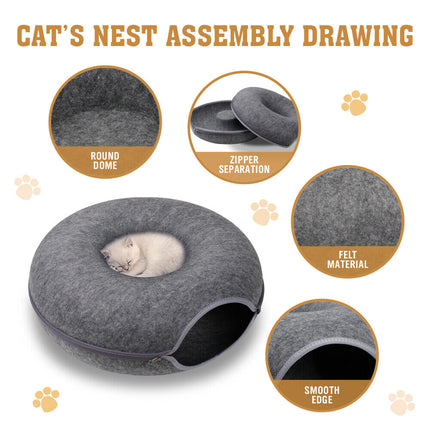 Dark Grey Cat Tunnel Bed Felt Pet Puppy Nest Cave House Toy Washable Detachable.