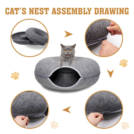 Dark Grey Cat Tunnel Bed Felt Pet Puppy Nest Cave House Toy Washable Detachable.
