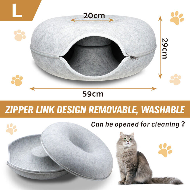 59 x 29cm Cat Tunnel Bed Dark Grey Felt Pet Puppy Nest Cave Toy Light Grey.