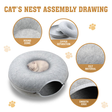 59 x 29cm Cat Tunnel Bed Dark Grey Felt Pet Puppy Nest Cave Toy Light Grey.