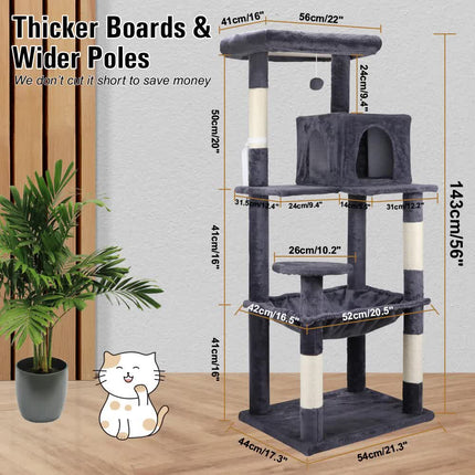 VaKa 143cm Cat Tree Scratching Post Scratcher Tower Condo House Furniture Wood.