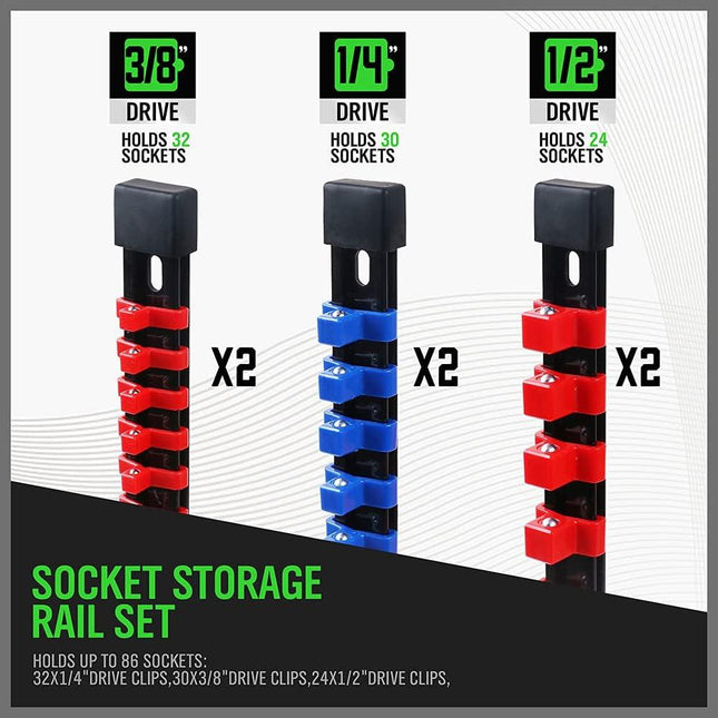 SWANLAKE 6-Piece Socket Organizer Set, Sockets Holder Rack Rail Mountable 86 Sliding Clips, Premium Quality Socket Holders Workshop Organiser.
