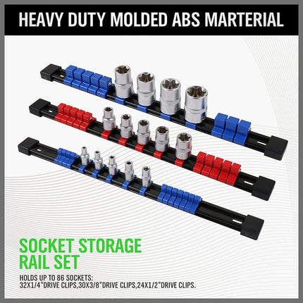 SWANLAKE 6-Piece Socket Organizer Set, Sockets Holder Rack Rail Mountable 86 Sliding Clips, Premium Quality Socket Holders Workshop Organiser.