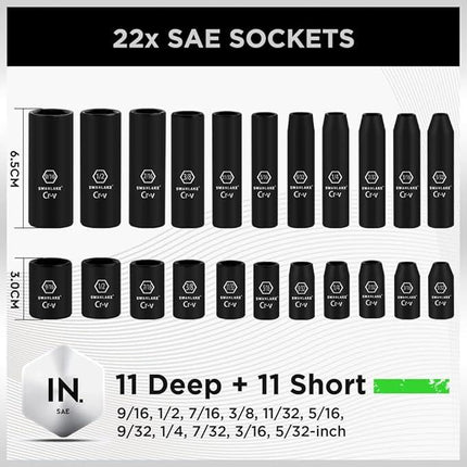 SWANLAKE 1/4" Drive Impact Socket Set, 56-Piece Standard SAE (5/32 to 9/16 inch) and Metric (4-15mm) Size, 6 Point, Cr-V, 1/4-Inch Drive Ratchet Handle, Drive Extension Bar, Impact Universal Joint.