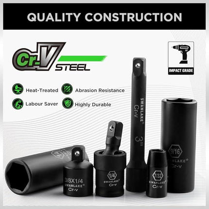 SWANLAKE 1/4" Drive Impact Socket Set, 56-Piece Standard SAE (5/32 to 9/16 inch) and Metric (4-15mm) Size, 6 Point, Cr-V, 1/4-Inch Drive Ratchet Handle, Drive Extension Bar, Impact Universal Joint.