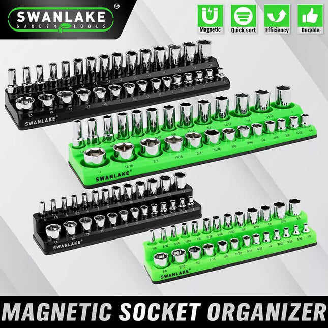 SWANLAKE 4Pc Magnetic Socket Organizer Tray 3/8" 1/4" SAE Metric Socket Holder.