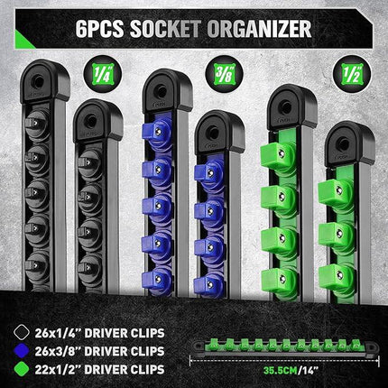 SWANLAKE 6-Piece Swivel Socket Organiser Set, 1/4-Inch x 26 Clips, 3/8-Inch x 26 Clips, 1/2-Inch x 22 Clips, Premium Quality Socket Storage Holders.