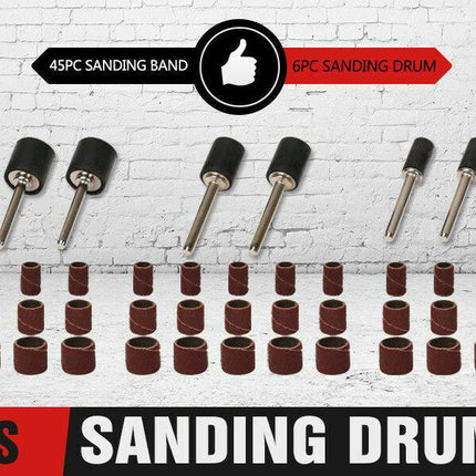 51Pc Sanding Bands Drum Sleeve Set 120 Grits Mandrel Dremel Rotary Kit 3mm Shank.