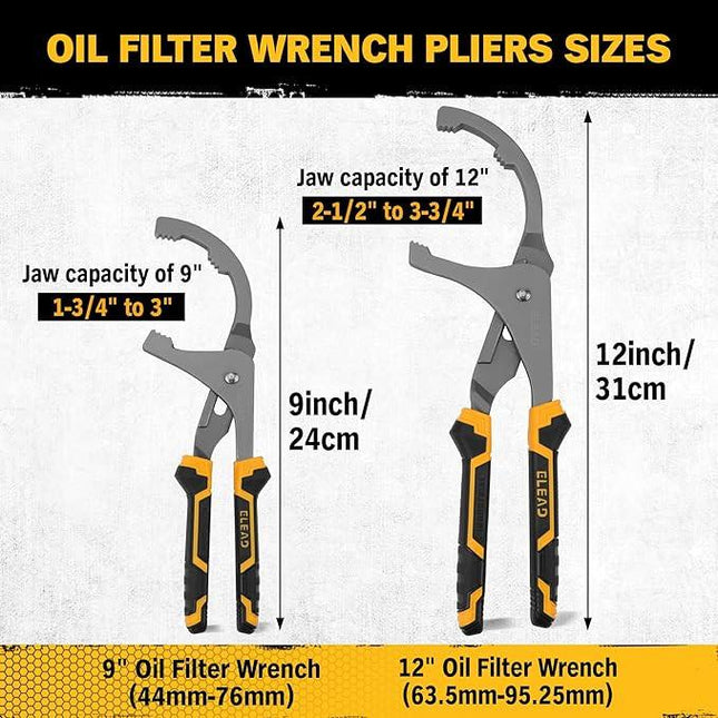 Adjustable Oil Filter Wrench Set - 9" & 12" Pliers for Cars, Trucks, Motorcycles - Durable Carbon Steel, Ergonomic Grip, Easy Access Design.