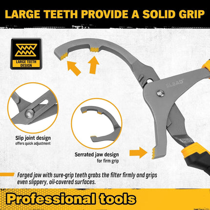 Adjustable Oil Filter Wrench Set - 9" & 12" Pliers for Cars, Trucks, Motorcycles - Durable Carbon Steel, Ergonomic Grip, Easy Access Design.